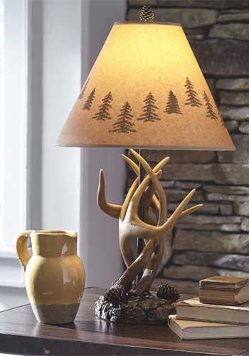 Antler Lamp on Table with Pine Tree Lamp Shade