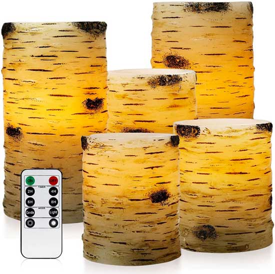 Flameless Birch Bark Candles Set with Remote Control - Adjust Brightness, Flickering and Timer