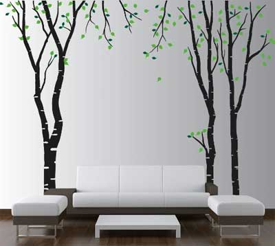 Black Birch Tree Wall Decal with Gren Leaves in Living Room Behind Sofa