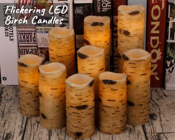 Realistic Flickering LED Birch Candles, Pillar Style